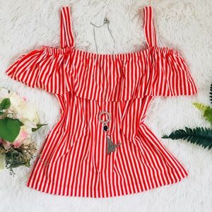 J. Crew Women Red/White Stripes Cold Shoulder Top